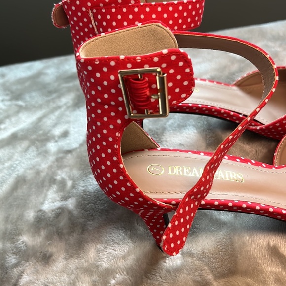 Red & White super cute sexy low heels Anke strap fabric  size 7 ladies - Picture 9 of 11